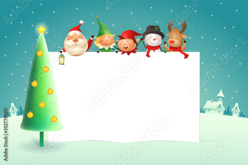 Christmas poster template with Santa Claus Elves Snowman Reindeer and Christmas tree - winter landscape on background