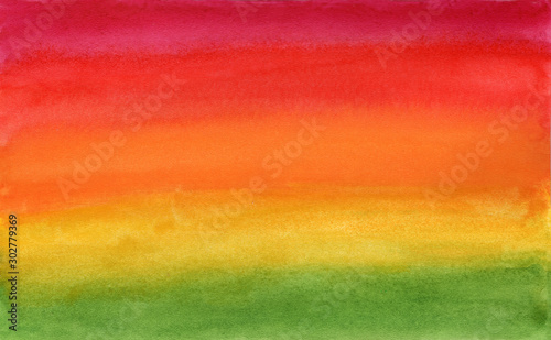 Horizontal gradient from red to green watercolor background, wash technique. Bright summer sunrise and greenery watercolour textured concept, illustration for nature banner, surface design