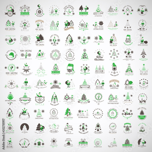 Fototapeta Naklejka Na Ścianę i Meble -  Christmas Icons And Elements Set - Isolated On Gray Background - Vector Illustration, Collection Of Xmas Icons For Sign, Symbol, Christmas Tree, Santa Claus Icon And Logo. Merry Christmas Typography