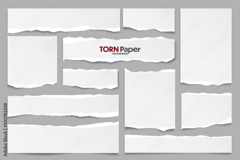 White ripped paper strips collection. Realistic paper scraps with torn edges. Sticky notes, shreds of notebook pages. Vector illustration.