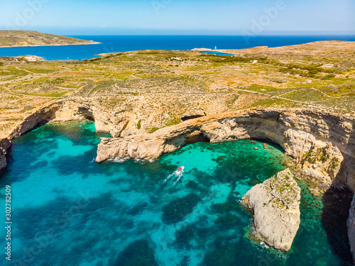 Aerial view of Comino island. Drone landscape. Europe. Malta country
