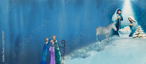 Fotografia Nativity scene. Merry Christmas watercolor background
