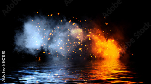 Blaze fire particles embers . Texture overlays on isolated background with water reflection. Design element.