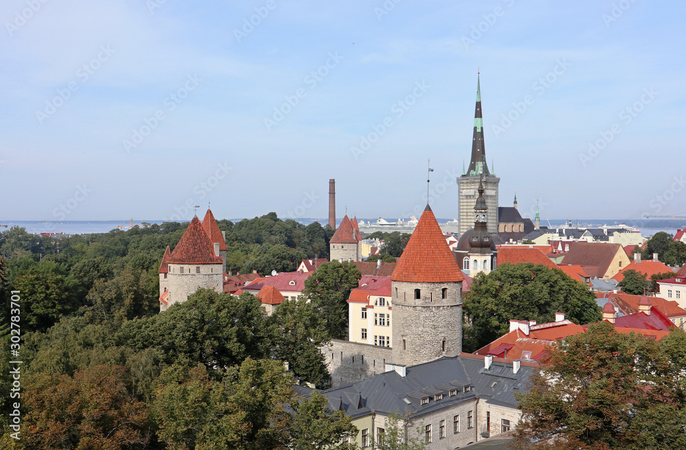 Tallinn city view with medieval fortress towers old town green trees blue sky travel sightseeing