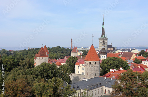 Tallinn city view with medieval fortress towers old town green trees blue sky travel sightseeing