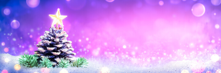 Banner Of Frosty Pine Cone On Snow With Bright Shining Star And Soft Bokeh Background - Christmas Concept