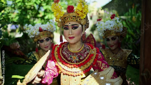 Portrait of three Legong Balinese dance performers Indonesia