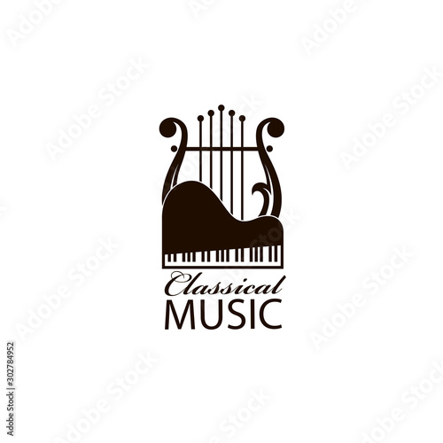 monochrome classical concert emblem with piano and lyre
