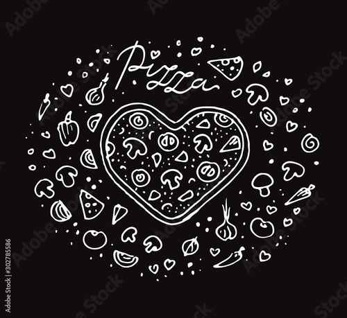 Pizza Heart shape doodle chalk drawings