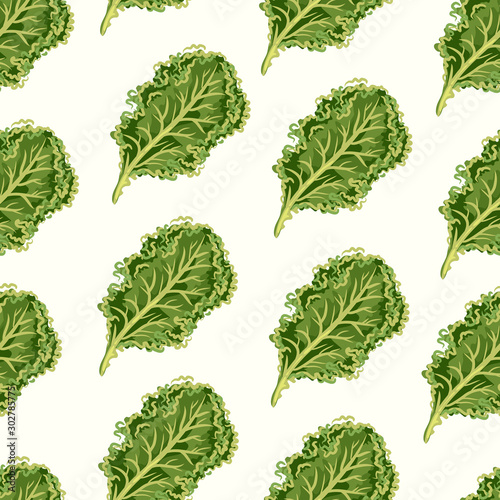 Green leaves seamless pattern. Kale cabbage salad background.