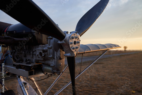 Photos Propeller and internal combustion engine of an ultralight aircraft, close-up