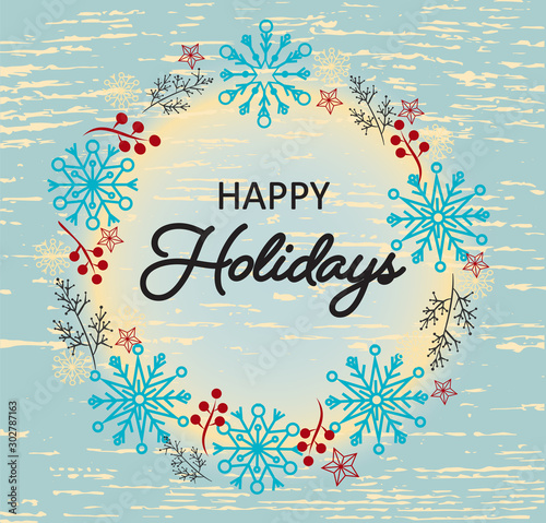 Happy Holidays vector. Vintage style wreath with Christmas decorations.