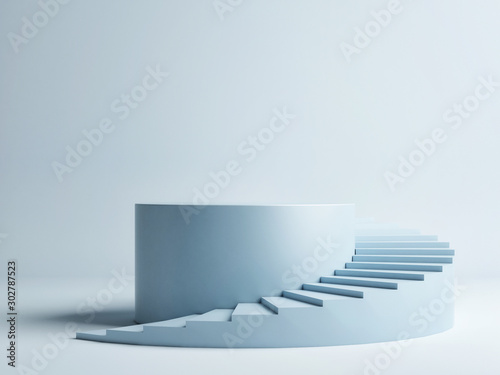 Spiral stair with pedestal, winner podium on blue background, 3d render, 3d illustration