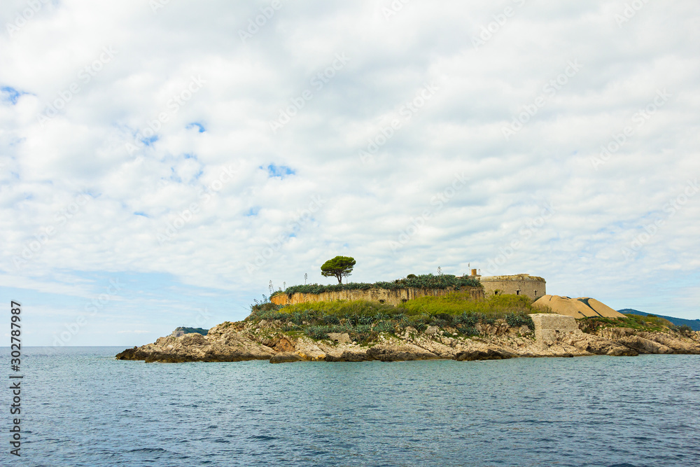 Austria-Hungary historical fortification buildings, Fort Mamula on an uninhabited islet Lastavica in Boka Kotorska bay of Adriatic sea, Montenegro
