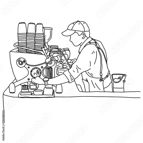 Young male barista standing in front of the counter with coffee machine in the coffee shop vector illustration sketch doodle hand drawn with black lines isolated on white background