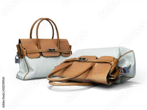 Female old bag with leather handles 3d rendering on white background with shadow