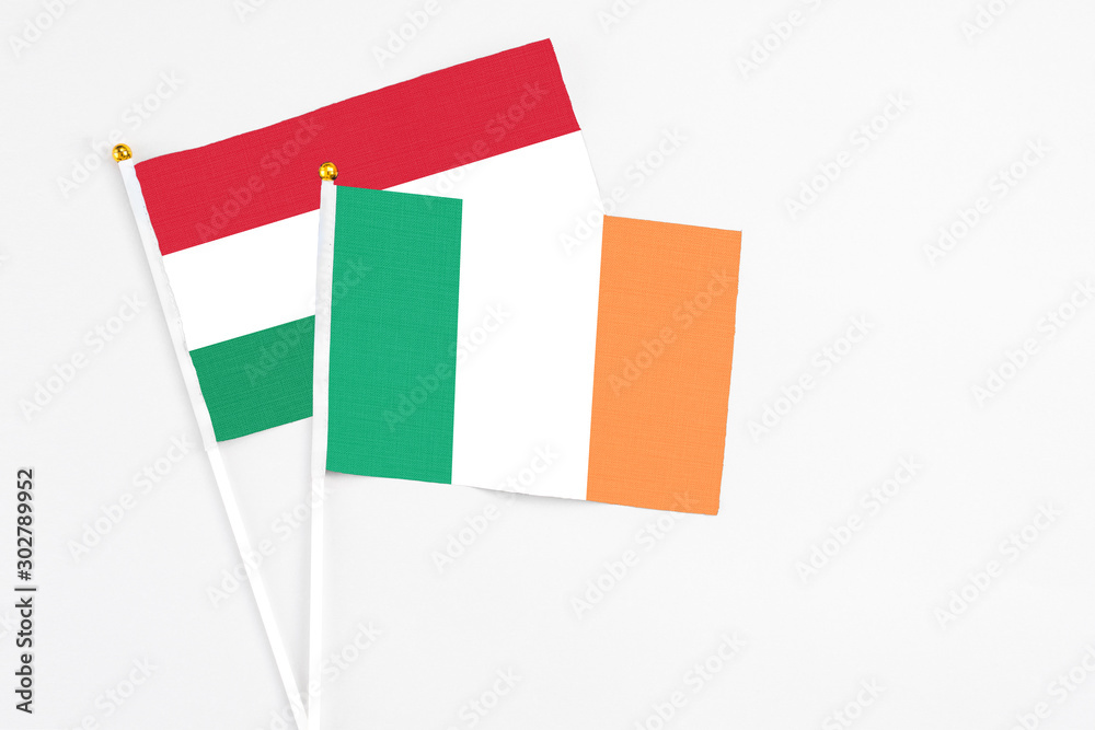 Ireland and Hungary stick flags on white background. High quality fabric, miniature national flag. Peaceful global concept.White floor for copy space. Ireland and Hungary stick flags on white background. High quality fabric, miniature national flag. Peaceful global concept.White floor for copy space.