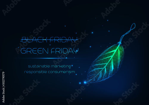 Futuristic green Friday concept with glowing low poly leaf tag and text on dark blue background.