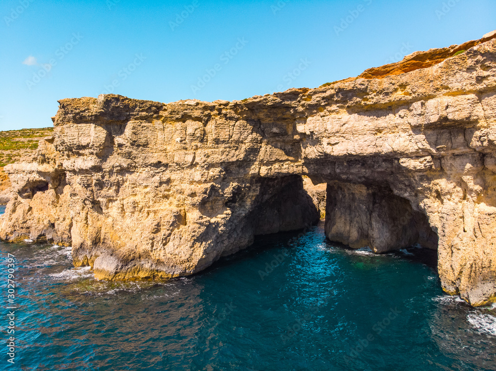 Cave in Comino island. Drone landscape. Malta island