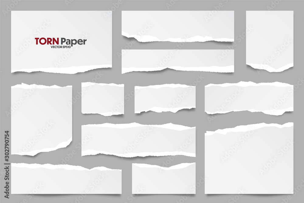 White ripped paper strips collection. Realistic paper scraps with torn edges. Sticky notes, shreds of notebook pages. Vector illustration.