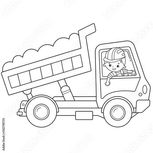 Coloring Page Outline Of cartoon lorry or dump truck. Construction vehicles. Coloring book for kids.