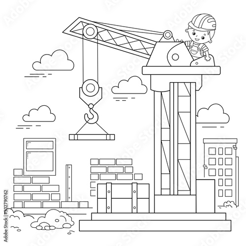 Coloring Page Outline Of elevating crane on build. Construction vehicles. Coloring book for kids.