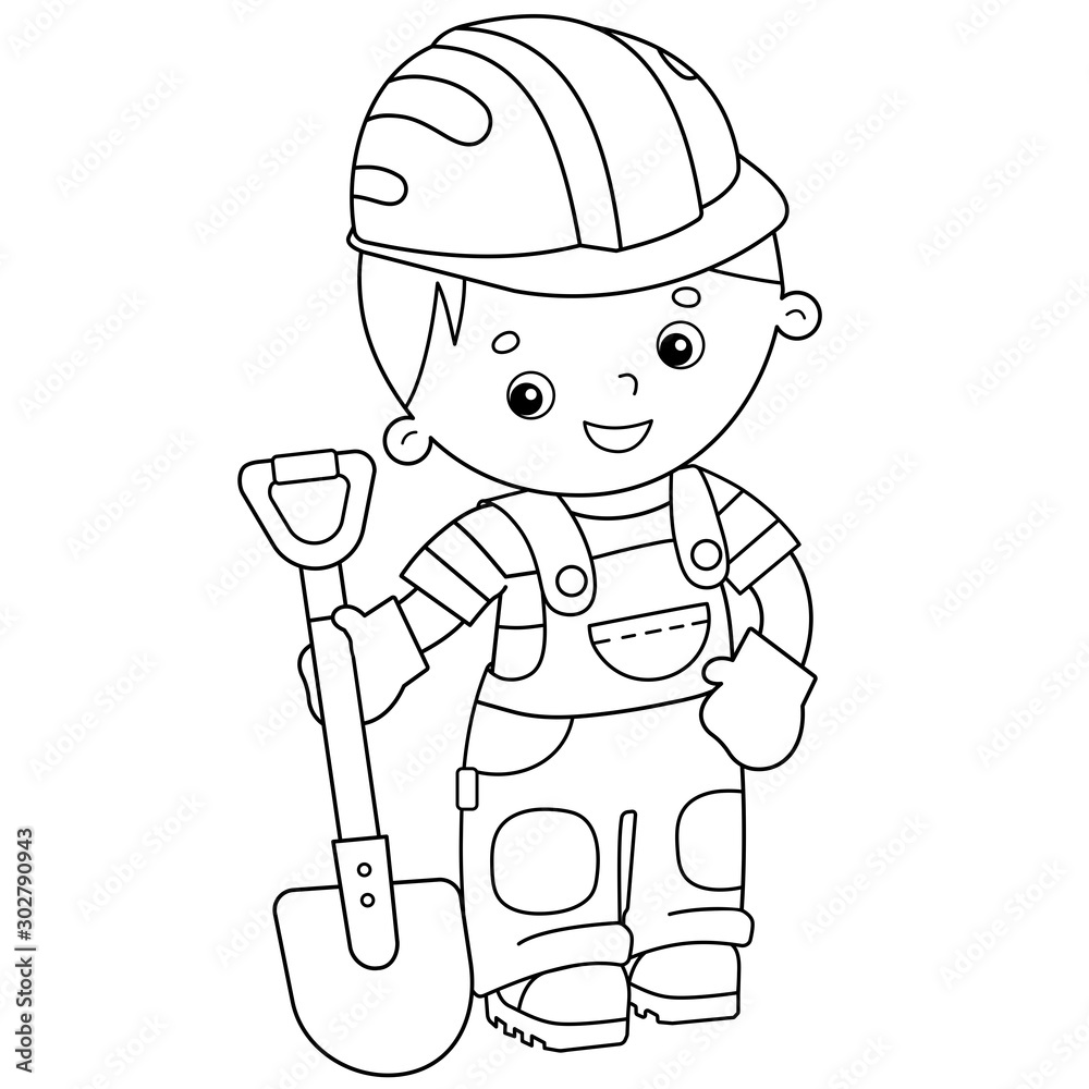 Coloring Page Outline of cartoon builder with shovel. Profession. Coloring book for kids.