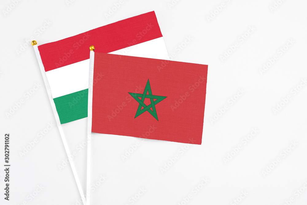 Morocco and Hungary stick flags on white background. High quality fabric, miniature national flag. Peaceful global concept.White floor for copy space. Morocco and Hungary stick flags on white background. High quality fabric, miniature national flag. Peaceful global concept.White floor for copy space.