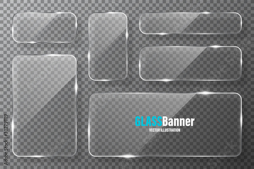 Glass frames collection. Realistic transparent glass banner with glare. Vector design element.