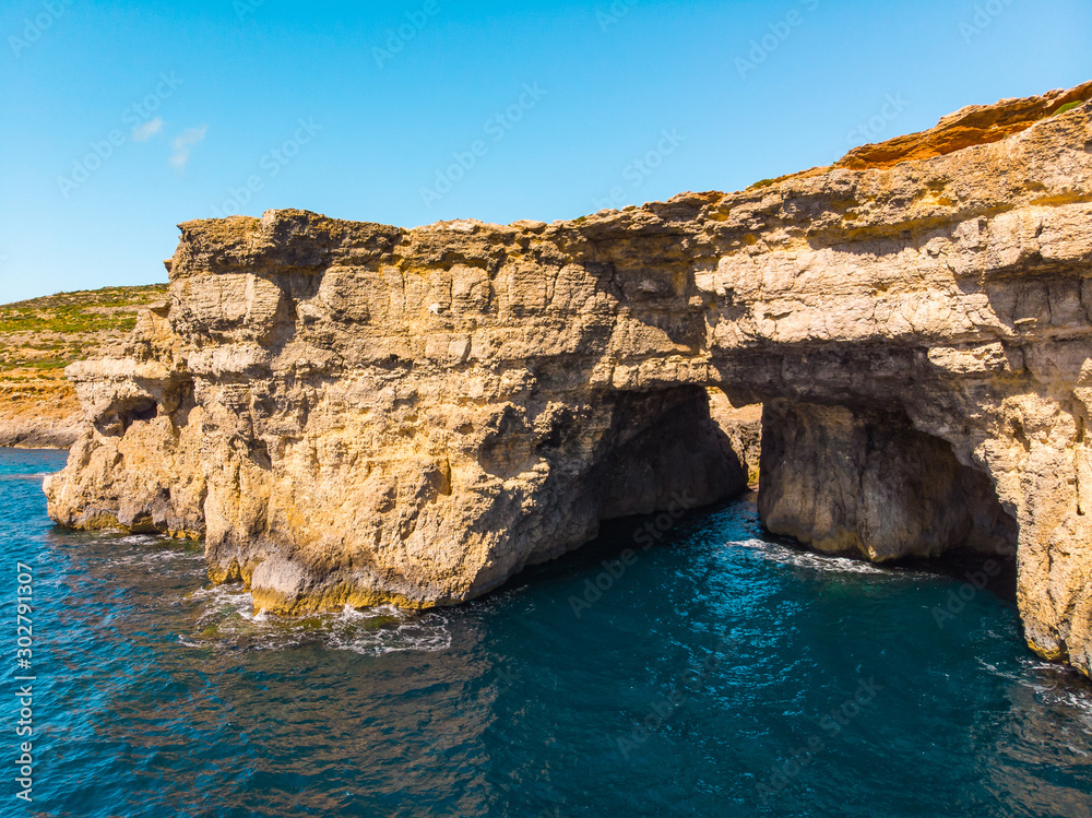 Cave in Comino island. Drone landscape. Malta