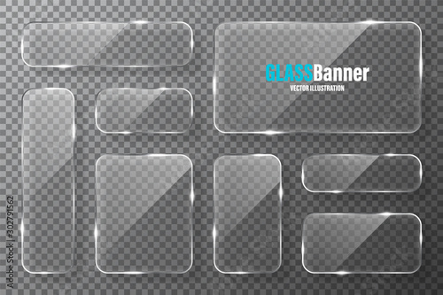 Glass frames collection. Realistic transparent glass banner with glare. Vector design element.
