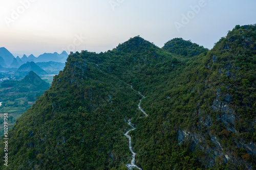 Drone Sunset View of Guilin, Li River and Karst mountains, Guilin city, Guangxi, province, China photo