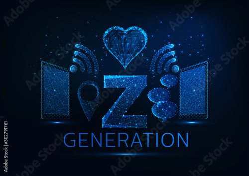 Futuristic generation Z concept with tablets, Wi-Fi, gps pin symbols, speech bubbles, heart shape