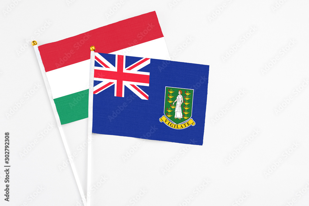 Fototapeta premium British Virgin Islands and Hungary stick flags on white background. High quality fabric, miniature national flag. Peaceful global concept.White floor for copy space.