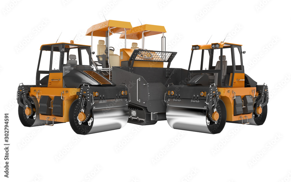 Construction road machinery two road roller and paver 3d rendering on white background no shadow Construction road machinery two road roller and paver 3d rendering on white background no shadow