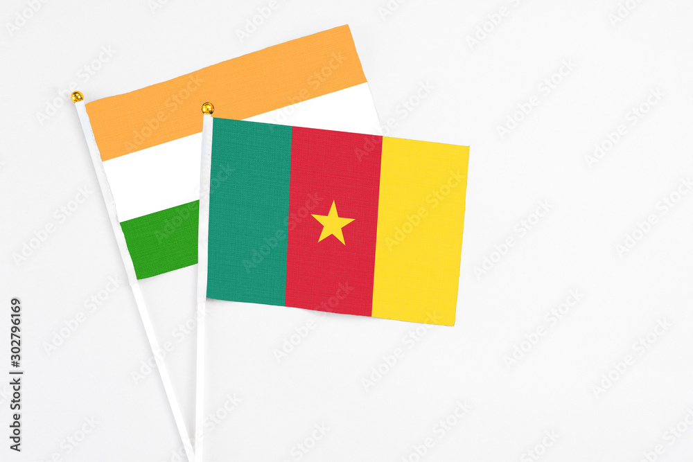 Cameroon and India stick flags on white background. High quality fabric, miniature national flag. Peaceful global concept.White floor for copy space. Cameroon and India stick flags on white background. High quality fabric, miniature national flag. Peaceful global concept.White floor for copy space.