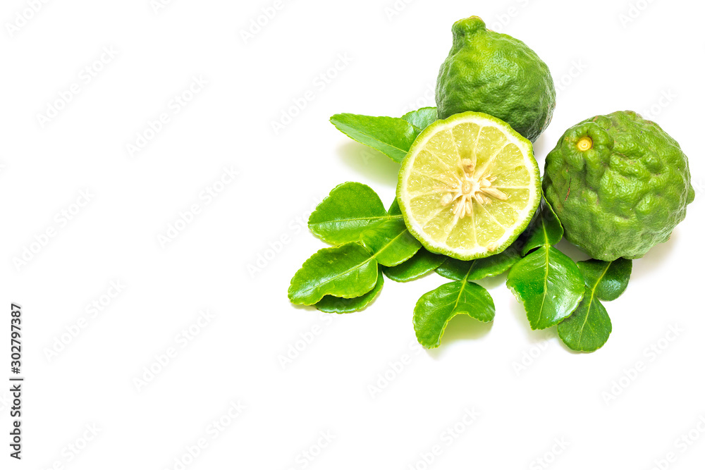 Fresh bergamot fruit,  bergamot slice and bergamot leaves on white background with copy space;