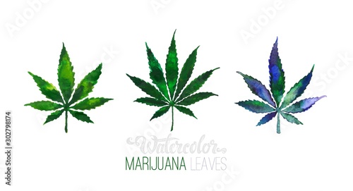 Hand drawn Cannabis leaves isolated on black background. Medical marijuana or weed vector watercolor style illustration