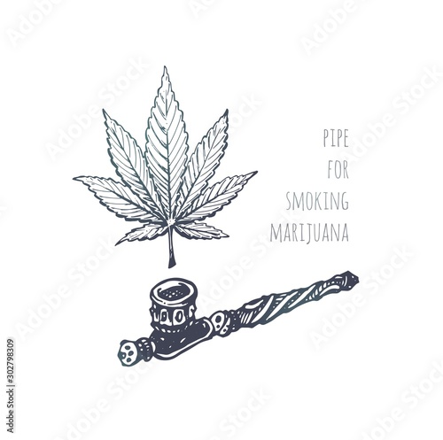 Pipe for marijuana and sketch of cannabis leaf