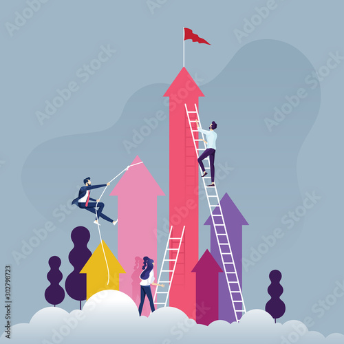 Business competition concept-Group of competitive business people climbing the ladder on a cloud