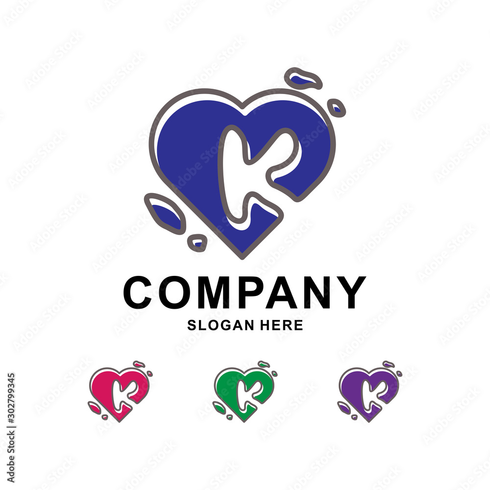 Colorful Love with Letter K Logo Design Outline Colorful Love with Letter K Logo Design Outline
