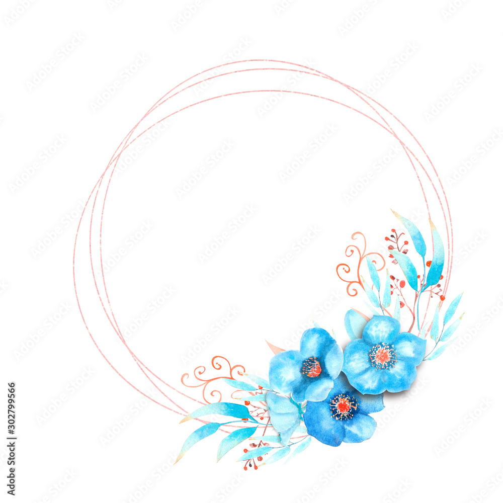 Geometric frame with blue hellebore flowers, buds, leaves, decorative twigs on a white isolated background . Bouquet at the bottom of the frame. Watercolor illustration. Geometric frame with blue hellebore flowers, buds, leaves, decorative twigs on a white isolated background . Bouquet at the bottom of the frame. Watercolor illustration.
