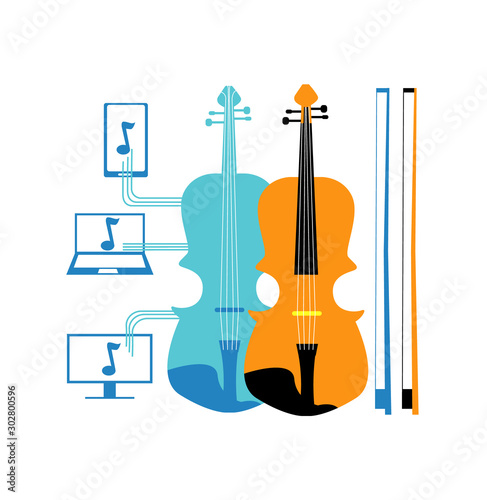 Vector flat illustration with violin and its electronic counterpart