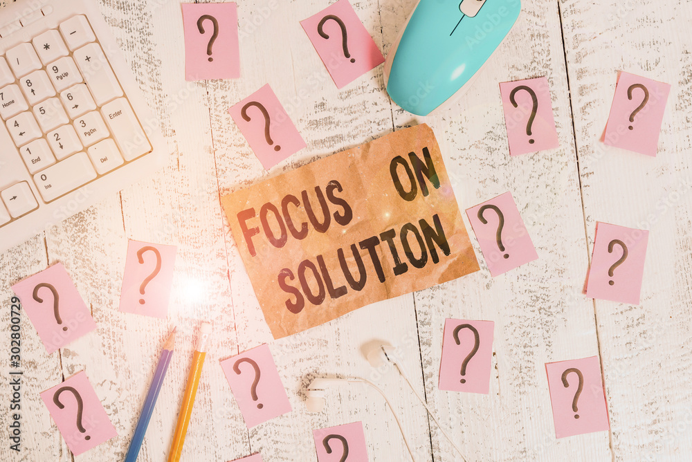 Text sign showing Focus On Solution. Business photo showcasing Give full attention on dealing answer of the situation Writing tools, computer stuff and scribbled paper on top of wooden table Text sign showing Focus On Solution. Business photo showcasing Give full attention on dealing answer of the situation Writing tools, computer stuff and scribbled paper on top of wooden table