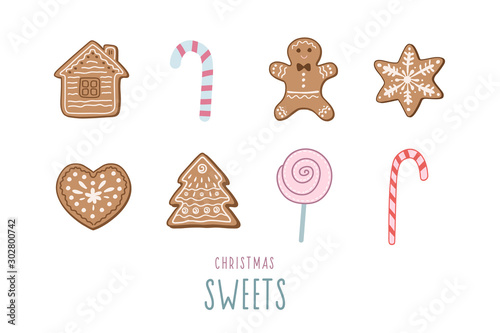Set of Christmas sweets. Vector illustration in doodle style. Gingerbread cookies, gingerbread man, candy cane.