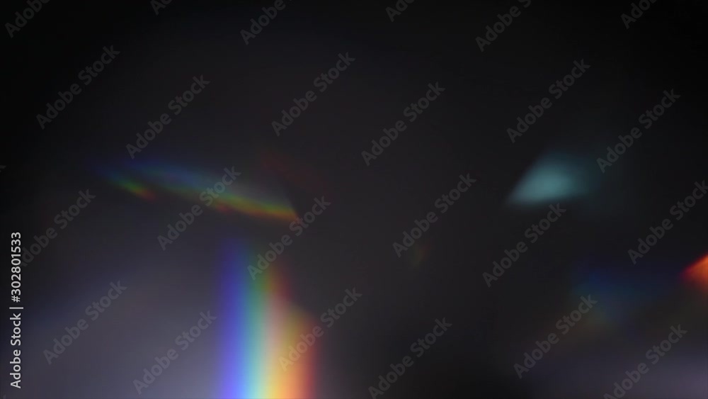 Lens Flare, Abstract Bokeh Lights Moving. Leaking Reflection of a Glass, Crystal, Defocused Shining Colorful rainbow Light Leaks, Rays on Black Background. 4K UHD video, slow motion