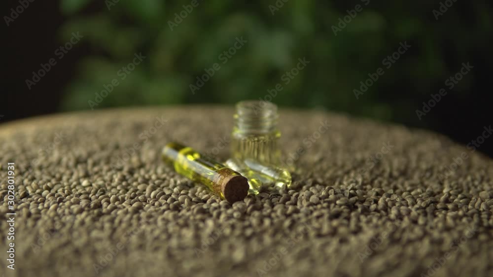 Sliding and focus shift at natural alternative medical marijuana CBD oil in glass jars on plenty of hemp plant seeds Revolution in pain treatment and healing anxiety, fibromyalgia, stress, epilepsy. Sliding and focus shift at natural alternative medical marijuana CBD oil in glass jars on plenty of hemp plant seeds Revolution in pain treatment and healing anxiety, fibromyalgia, stress, epilepsy.