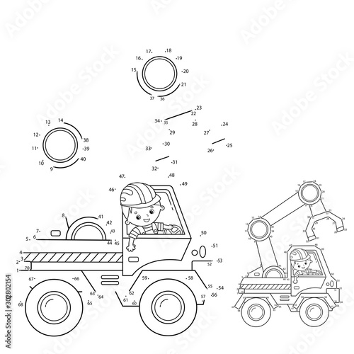 Puzzle Game for kids: numbers game. Loader or lift truck. Construction vehicles. Coloring book for kids.