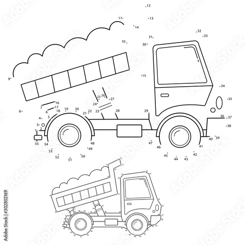 Puzzle Game for kids: numbers game. Lorry or dump truck. Construction vehicles. Coloring book for kids.