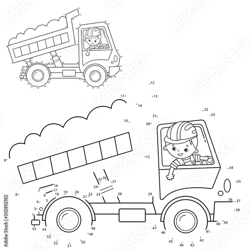 Puzzle Game for kids: numbers game. Lorry or dump truck. Construction vehicles. Coloring book for kids.